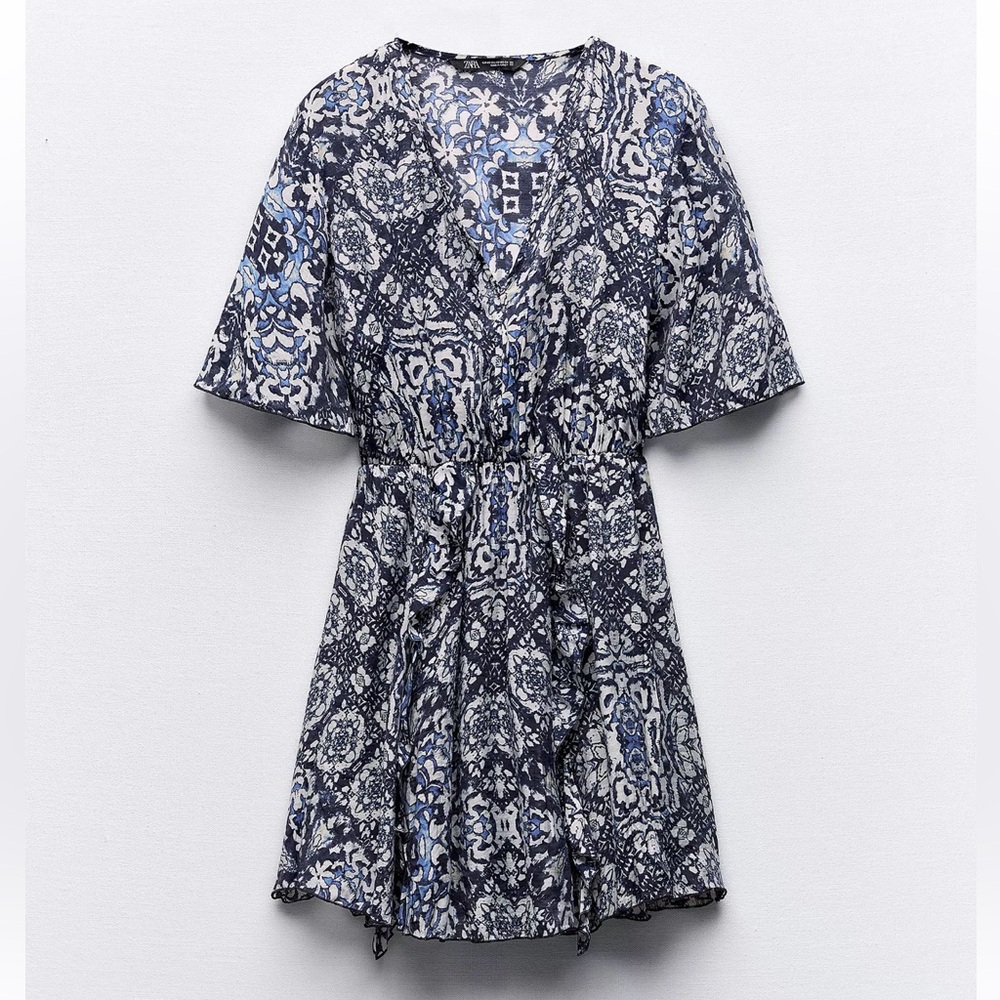 Zara Blue and White Patterned Mini Dress
